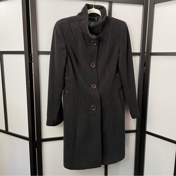 [4] Vintage Dark Grey Wool & Cashmere Pea Coat with Brown Buttons - Picture 2 of 12